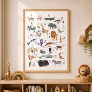 May include: A framed educational wall poster featuring an alphabet of animals from A to Z. Each letter is paired with a watercolor-style illustration of a creature, including an antelope, bear, crocodile, dolphin, elephant, frog, giraffe, hippo, and zebra.