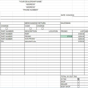 May include: A blank merchandise return form with columns for quantity, part number, description, location, promo, list amount, and shop cost. The form has a date of 6/24/2024 and a total of $856.00.