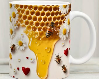 Bee Honeycomb Mug Wrap PNG: Daisy Flower Sublimation Design (Digital Download)