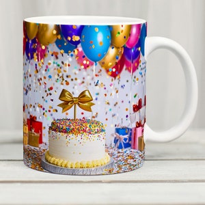 Geburtstagsbecher Wrap Design PNG 11 Unzen Becher Sublimation Geburtstagsgeschenk Kuchen Ballons Becher Vorlage Sofortiges und digital druckbares PNG Design