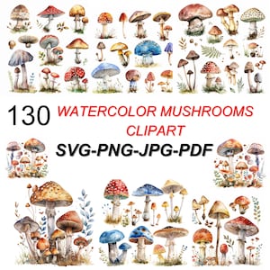 Watercolor Mushroom Clipart Bundle: Forest Toadstool Designs (PNG, SVG, JPG)