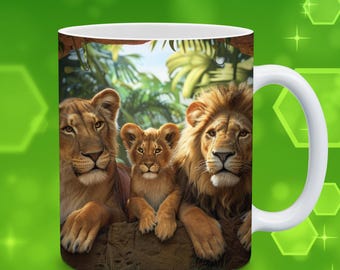 Lion Family Mug PNG Wrap, Safari Animal 11oz Mug Sublimation Design, Jungle Couple Template