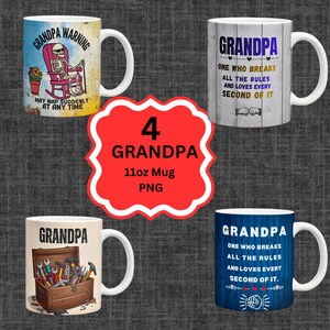 Puede incluir: Cuatro tazas de cerámica blanca de 312 ml con varios diseños para abuelos. Una taza tiene un esqueleto en una mecedora, otra tiene herramientas y dos tazas tienen el texto "Grandpa". Las tazas están sobre un fondo gris oscuro.
