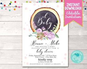 Wood Floral Baby Shower Invitation, Instant Download Gender Neutral Baby Shower Invite Printable PDF JPG, Editable Fall Baby Shower Invite