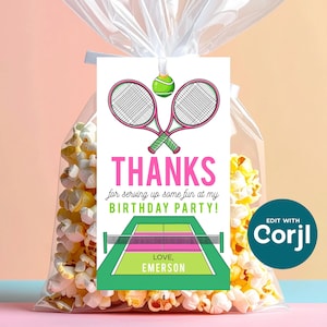 Editable Tennis Birthday Party Favor Tags: Pink & Green (Digital Download)