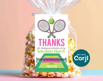 Editable Tennis Birthday Party Favor Tags: Pink & Green (Digital Download)