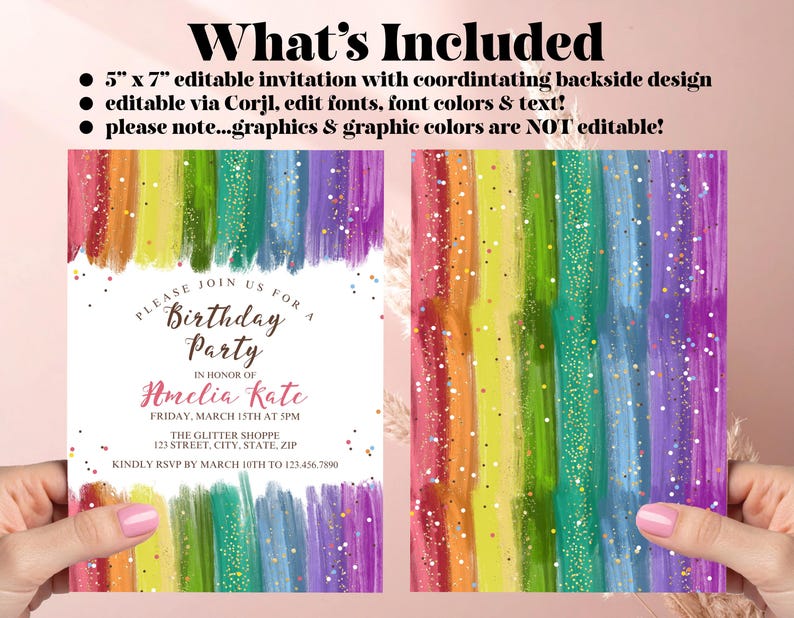 Rainbow Glitter Birthday Invitation, Colorful Girls Birthday Party Invite, Sparkle Rainbow Kids Birthday, Printable Party Invite image 3