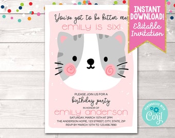 Instant Download Kitten Birthday Party Invitation, Printable Girls Kitten Cat Birthday Party Invite, Editable Girls Cat Birthday Invitation