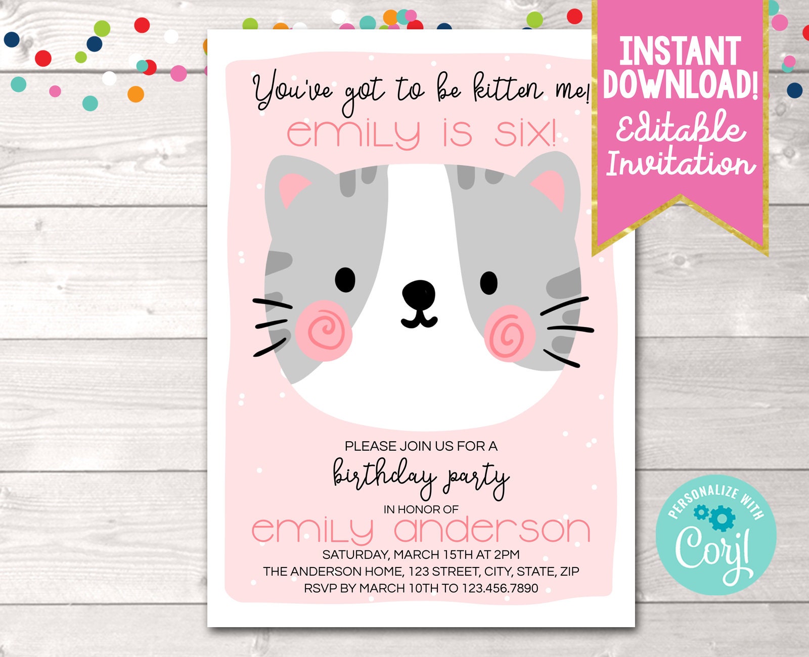 Instant Download Kitten Birthday Party Invitation Printable | Etsy