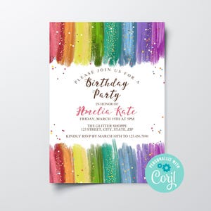 Editable Rainbow Birthday Party Invitation Printable Art Party Rainbow Glitter Birthday Invite Instant Download Digital File Birthday Invite