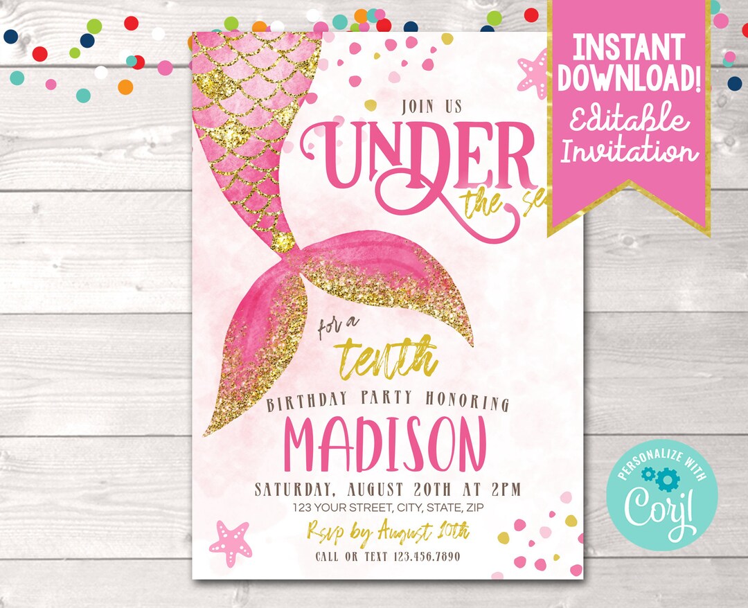 Printable Mermaid Birthday Party Invitation, Instant Download Girls Under the Sea Birthday Party ...