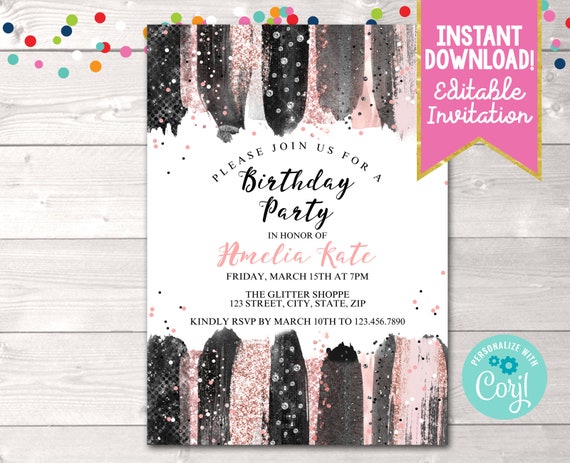 Editable Pink & Black Glitter Girly Birthday Party Invitation, Instant Download Teen Adult Girls Glitter Birthday Invite Printable PDF JPG Il_570xn