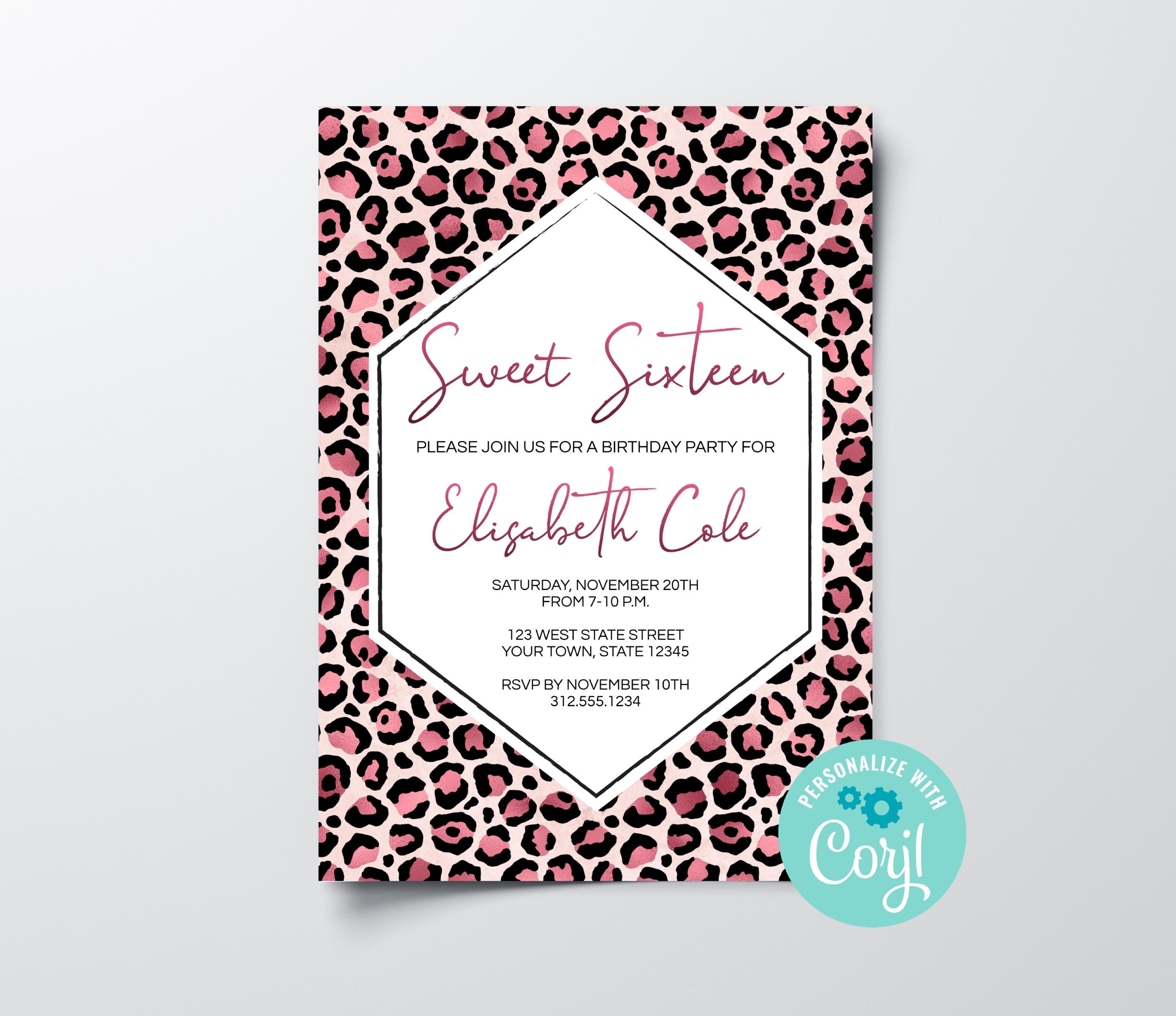 Instant Download Pink Leopard Birthday Party Invitation, Editable Girls Birthday Party Invite, Printable Leopard Birthday Party Invitation