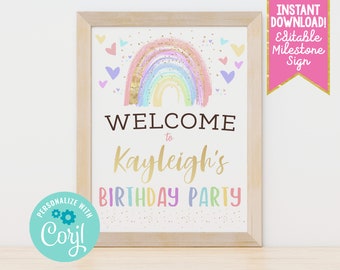 Editable Rainbow Birthday Party Welcome Sign, Printable Girls Birthday Party Hearts & Rainbow Table Birthday Decor, Instant Download PDF