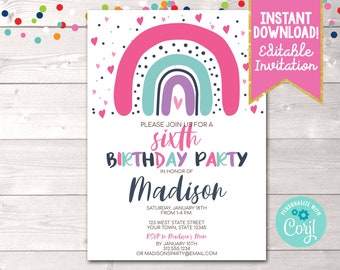 Girls Editable Rainbow Birthday Party Invitation, Instant Download Rainbow Birthday Party Invite, Printable Girls Birthday Party Invitation