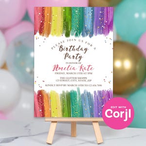 Rainbow Glitter Birthday Invitation, Colorful Girls Birthday Party Invite, Sparkle Rainbow Kids Birthday, Printable Party Invite image 9