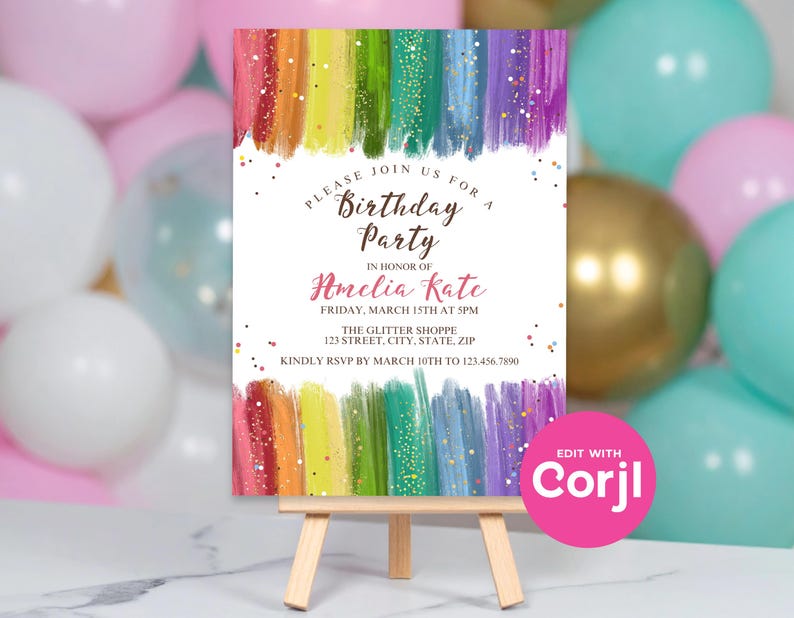 Rainbow Glitter Birthday Invitation, Colorful Girls Birthday Party Invite, Sparkle Rainbow Kids Birthday, Printable Party Invite image 9