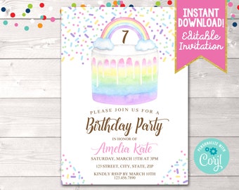 Instant Download Rainbow Cake Birthday Party Invitation, Girls Editable Rainbow Cake Birthday Party Invite, Printable Girls Birthday Invite