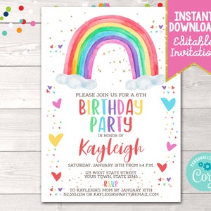 Watercolor Rainbow Instant Download Birthday Party Invitation, Editable Rainbow & Hearts Birthday Party Invite, Printable Birthday Invite