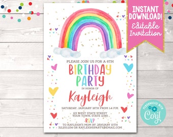 Watercolor Rainbow Instant Download Birthday Party Invitation, Editable Rainbow & Hearts Birthday Party Invite, Printable Birthday Invite