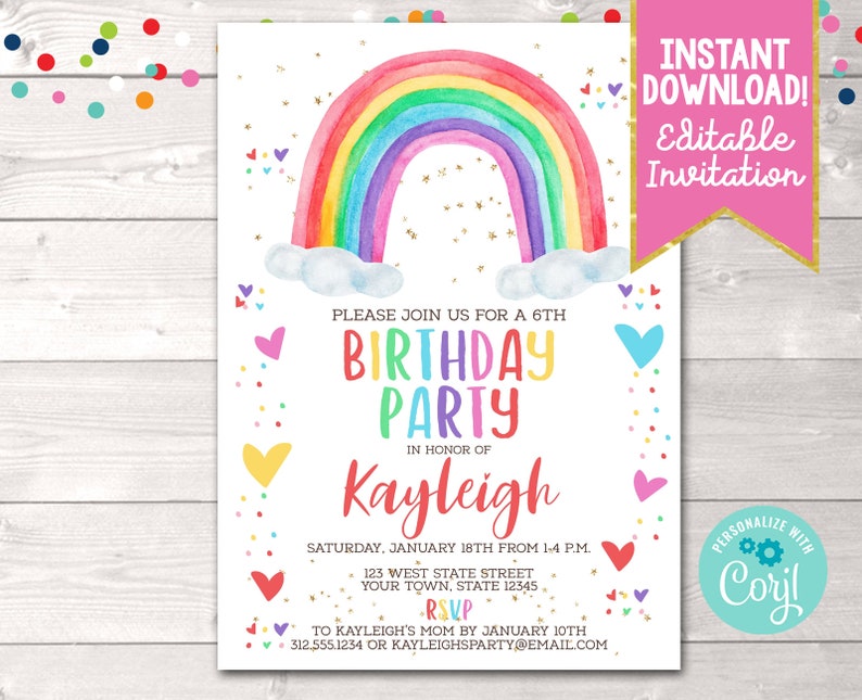 Watercolor Rainbow Instant Download Birthday Party Invitation, Editable Rainbow & Hearts Birthday Party Invite, Printable Birthday Invite image 1