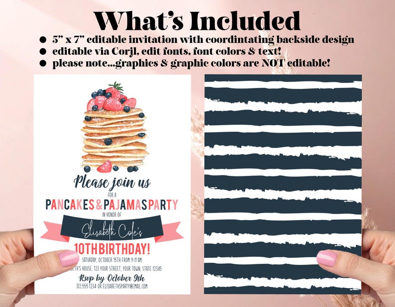 Pancakes & Pajamas Birthday Invitation | Pajama Party Invite | Editable Corjl Template image 3
