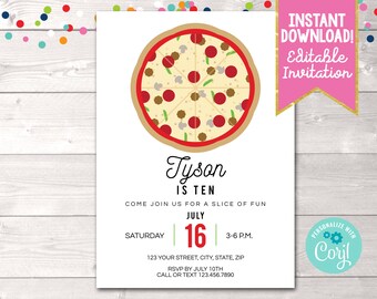 Instant Download Kids Pizza Party Invitation, Editable Pizza Birthday Party Invitation, Girls or Boys Printable Pizza Party Birthday Invite