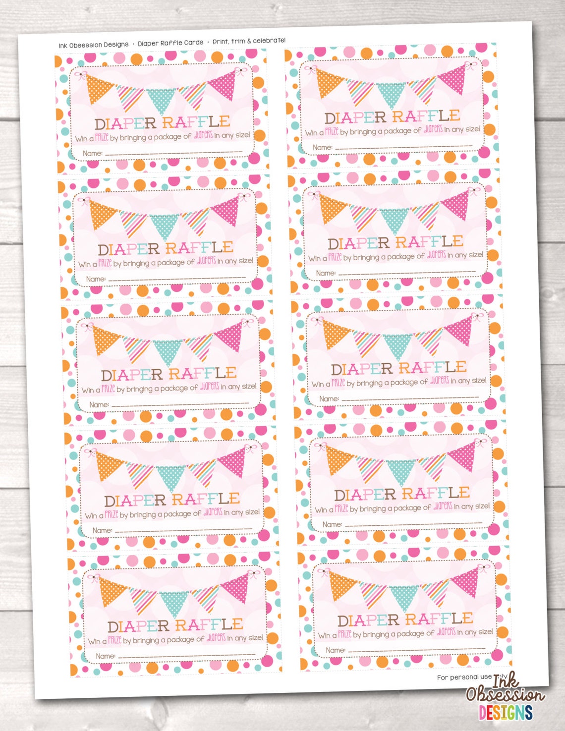 Diaper Raffle Cards Printable Baby Shower Games Pink Blue | Etsy