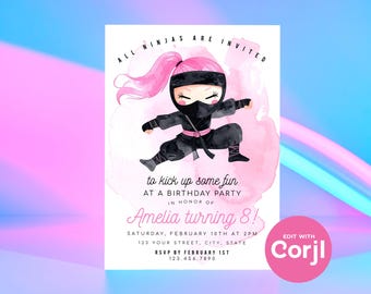 Pink Ninja Birthday Party Invitation: Editable Girl's Invite (Digital Download) Print or Text