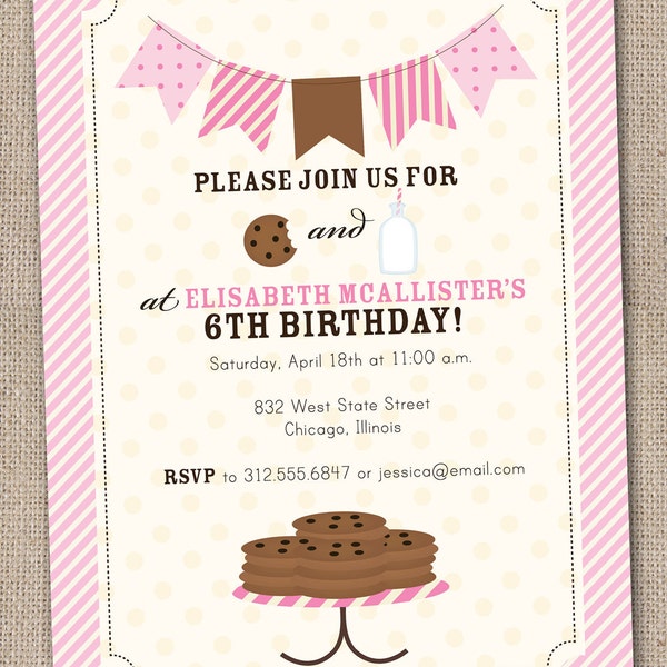 Milk and Cookies Pink Printable Birthday Party Invitation