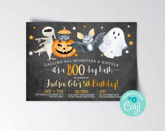 May include: Halloween-themed invitation with a dark gray background. The design features a mummy, pumpkin, bat, and ghost. Text reads "Calling all monsters & ghouls, it's a BOO day bash" and "Jackson Cole's 5th Birthday!" Includes date, time, location, and RSVP details.