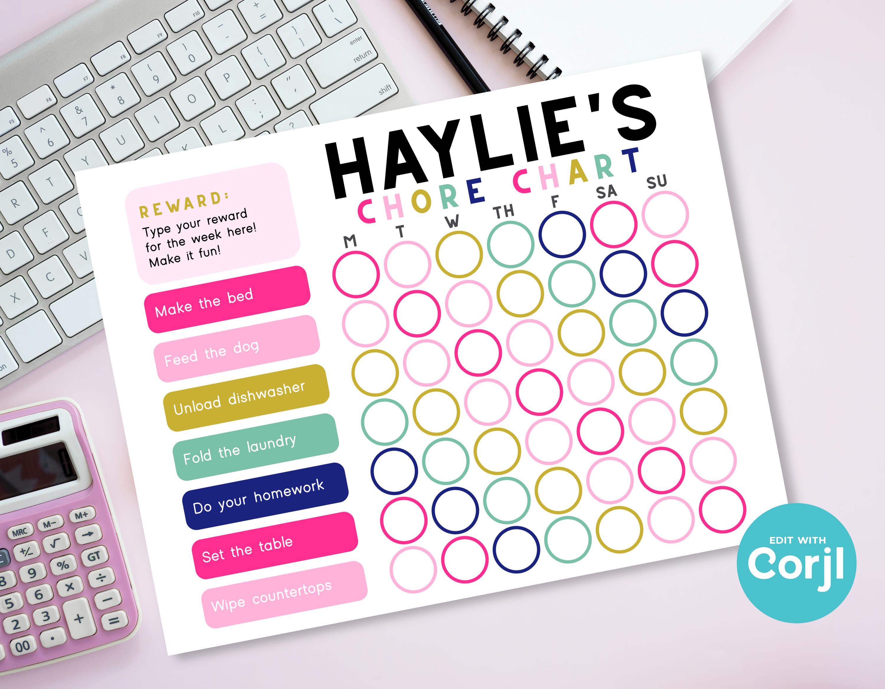 Girls Chore Chart | Kids Preppy Rainbow Responsibility & Reward Chart ...