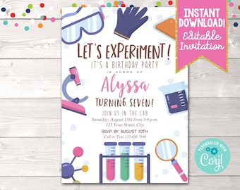 Editable Girls Science Birthday Party Invitation, Instant Download Science Experiment Lab Birthday Party Invite Printable Digital File Corjl