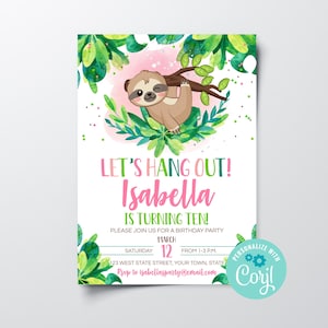 Editable Girls Sloth Birthday Party Invite, Printable Sloth Girl Birthday Party Invitation Instant Download Tween Teen Girls Birthday Invite
