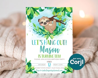 Editable Sloth Birthday Party Invitation: Hang Out Theme (Digital Download) Print or Text