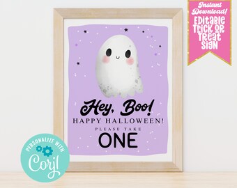 Purple Ghost Editable Halloween Trick or Treat Sign, Printable Please Take One Candy Halloween Sign, Instant Download Halloween Template