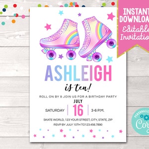 Editable Roller Skating Birthday Party Invitation, Printable Girls Roller Skating Party Invite, Instant Download 80's 90's Birthday Invite