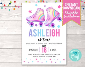 Editable Roller Skating Birthday Party Invitation, Printable Girls Roller Skating Party Invite, Instant Download 80's 90's Birthday Invite