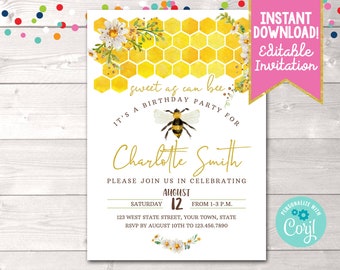 Printable Sweet as Can Bee Birthday Party Invitation, Editable Girls Bee Birthday Party Invite, Instant Download Sweet as Can Bee Invitation