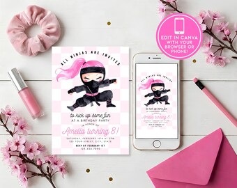 Invitación de cumpleaños editable para chica ninja / Plantilla de Canva para fiesta de cumpleaños de artes marciales rosas (invitación digital descargable)