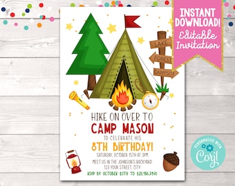 Editable Camping Birthday Party Invitation, Printable Boys Backyard Camping Wilderness Birthday Party Invite Instant Download PDF Corjl