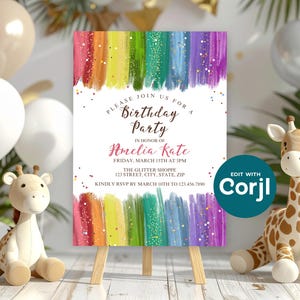 Rainbow Glitter Birthday Invitation, Colorful Girls Birthday Party Invite, Sparkle Rainbow Kids Birthday, Printable Party Invite image 6