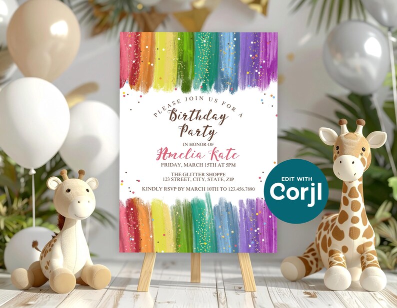 Rainbow Glitter Birthday Invitation, Colorful Girls Birthday Party Invite, Sparkle Rainbow Kids Birthday, Printable Party Invite image 6