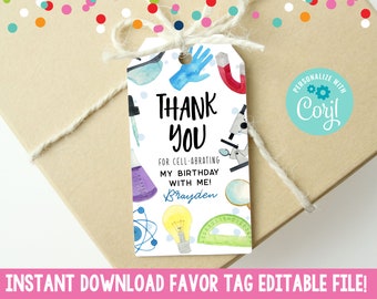 Editable Science Lab Birthday Party Favor Tag, Printable Kids Science Experiment Birthday Gift Tag Instant Download Template Edit with Corjl