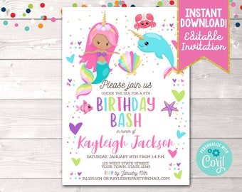 Rainbow Mermaid Birthday Party Invitation, Editable Girls Mermaid Birthday Party Invite, Printable Mermaid Birthday Invite Instant Download