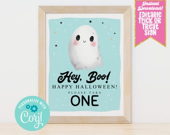 Printable Please Take One Candy Halloween Trick or Treating Sign, Instant Download Editable Boy Ghost Halloween Trick or Treat Sign Template