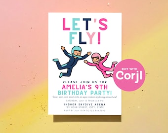 Girls Indoor Skydiving Birthday Invitation | Pink Blue Editable Party Invite (Digital Download)