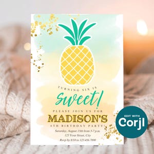 編集可能なパイナップル誕生日招待状：ルアウパーティー招待状（PDF）印刷またはテキスト