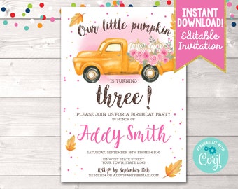 Printable Fall Pumpkin Truck Birthday Party Invitation, Editable Girls Fall Birthday Party Invite Instant Download Pink White Pumpkin Invite