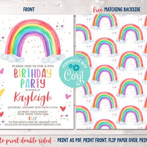 Watercolor Rainbow Instant Download Birthday Party Invitation, Editable Rainbow & Hearts Birthday Party Invite, Printable Birthday Invite image 2